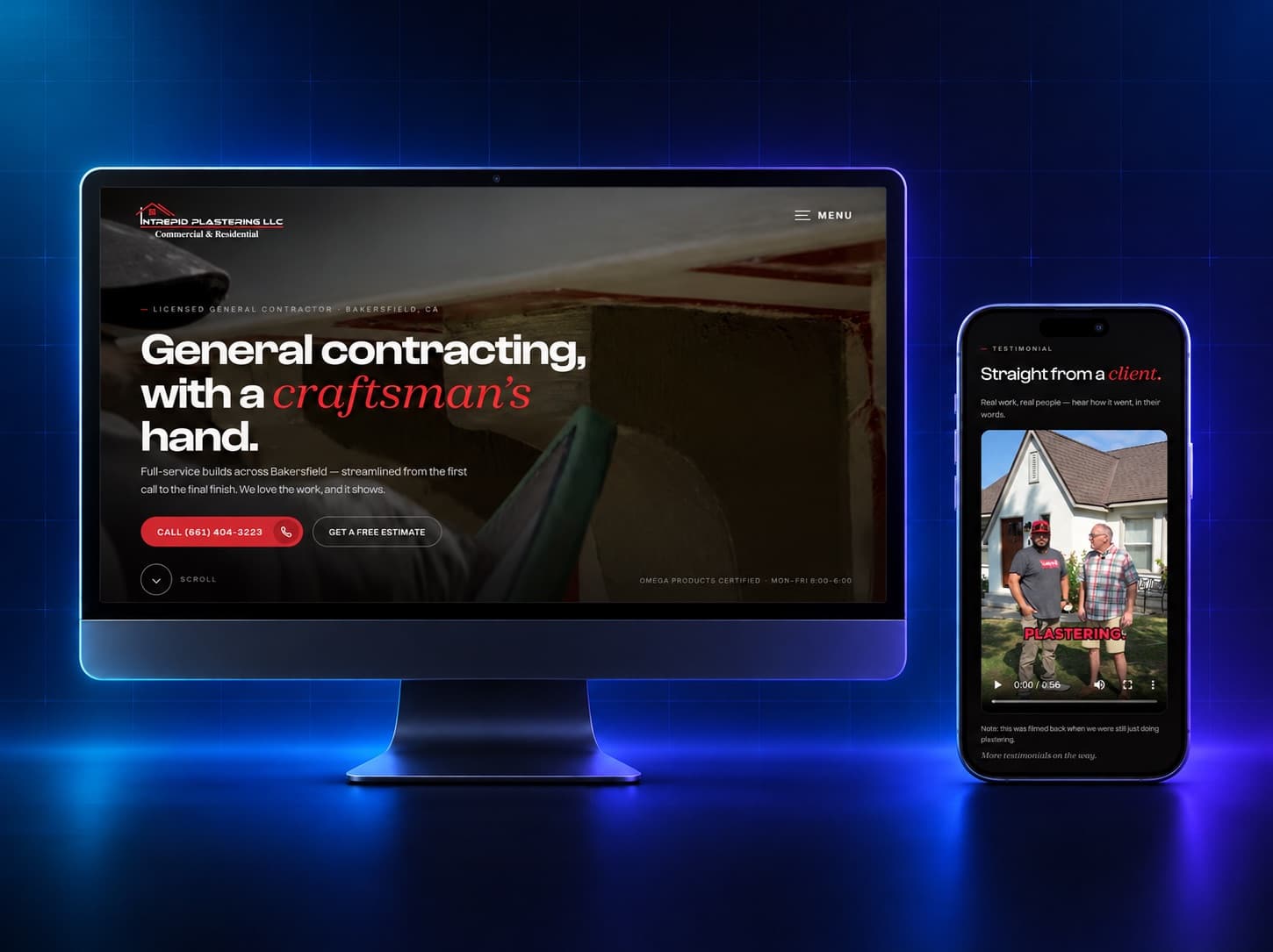 Intrepid Plastering website shown on a desktop monitor and a phone