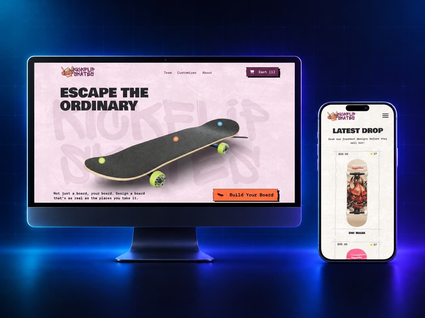 Kickflip website shown on a desktop monitor and a phone